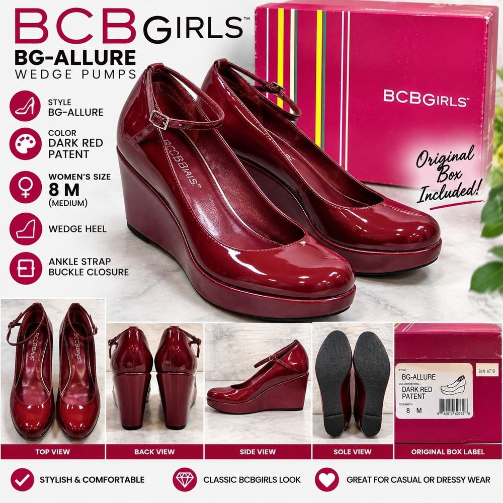 BCBGirls BG-Allure Dark Red Patent Wedge Pumps Ankle Strap Size 8 M